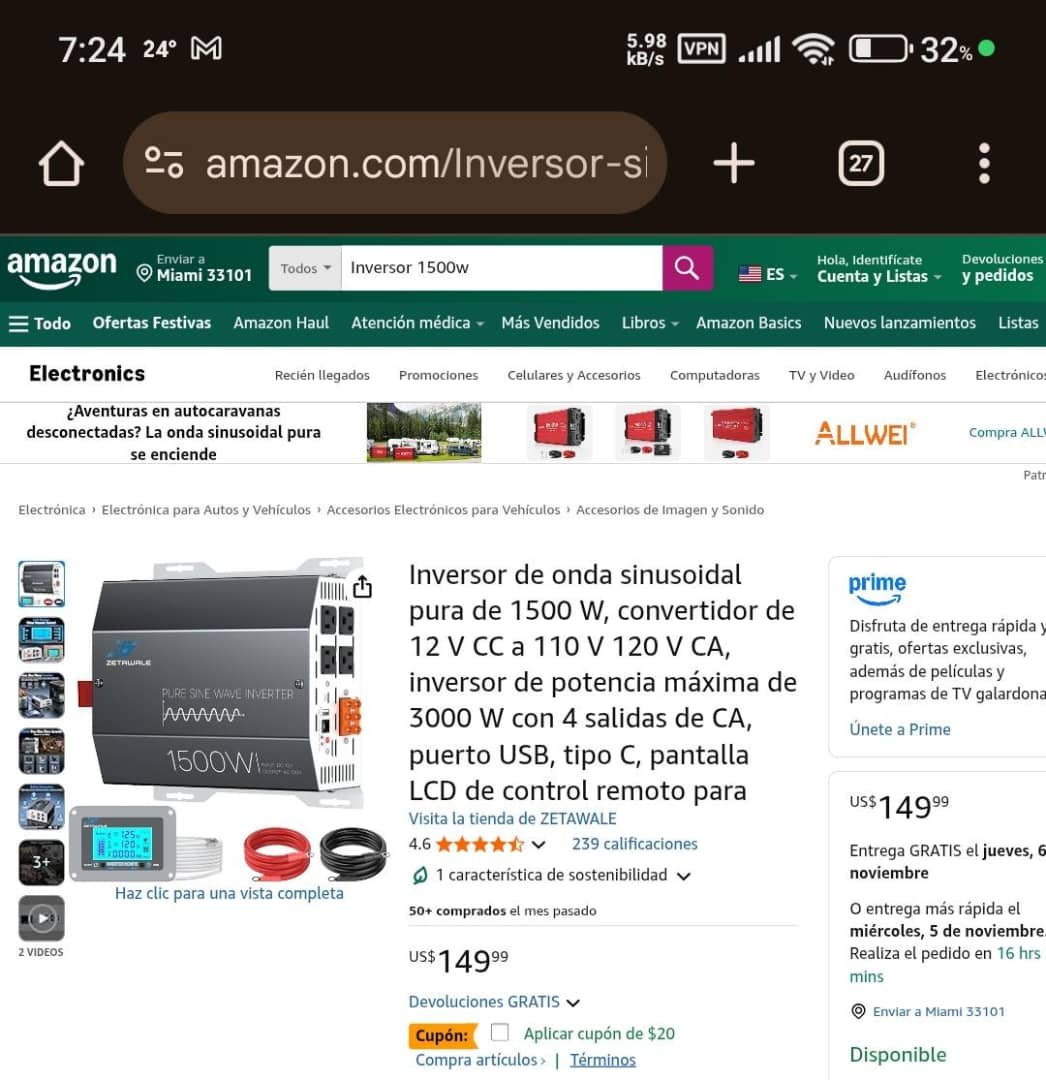 INVERTIDOR DE VOLTAGE 12V DC a 120V AC